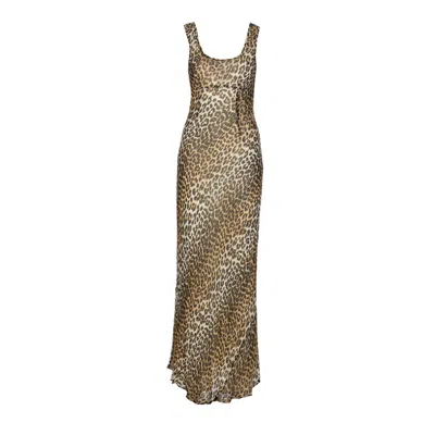 Ganni Animal Print Scoop Neckline Floor-length Dress In Brown