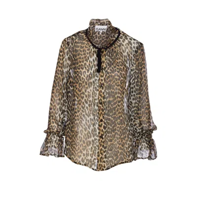 Ganni Printed Viscose Chiffon Tie String Shirt Shirts Animalier In Animal Print
