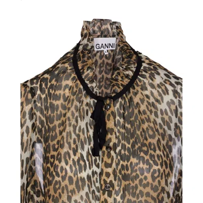 Ganni Printed Viscose Chiffon Tie String Shirt Shirts Animalier In Animal Print