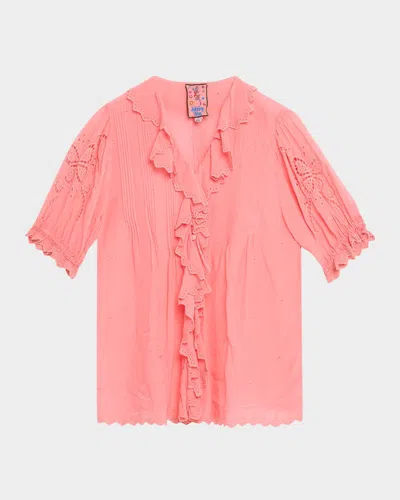 Johnny Was Anette Eyelet-embroidered Ruffle Blouse