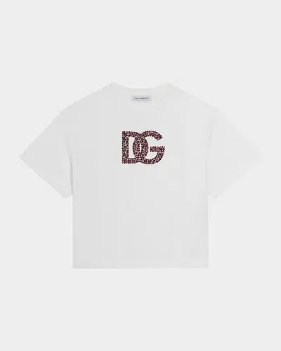 Dolce & Gabbana Girl's Embellished Interlocked Logo-print T-shirt In White