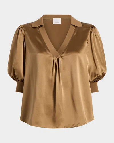 Cinq À Sept Weldon Collared V-neck Short-sleeve Silk Combo Top In Gold