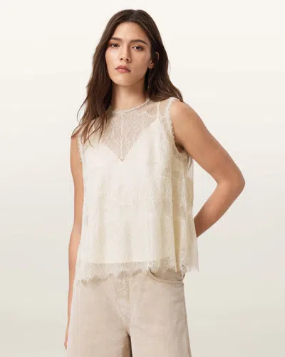 Allsaints Womens Vintage White Clara Lace-embroidered Scalloped-hem Woven Top In White