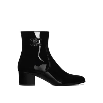 Celine Women Patent Leather Boots With Engraved Triomphe Logo In Black