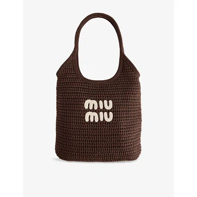 Miu Miu Womens Cacao+talco Ivy Raffia-effect Cotton Tote Bag