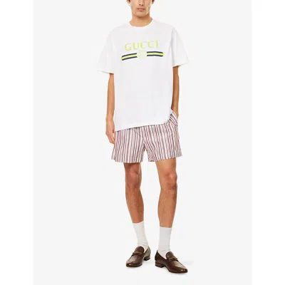 Gucci Mens White/rosso Ancora/m Stripe-print Relaxed-fit Cotton-poplin Shorts