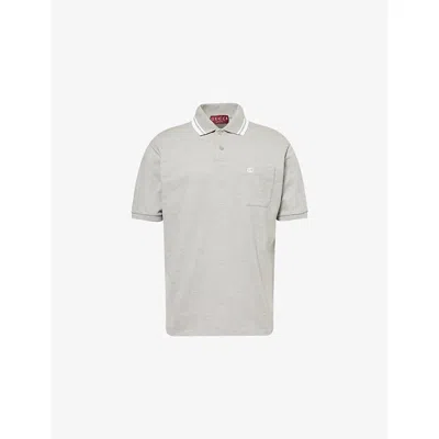 Gucci Mens Grey Melange Logo-embroidered Stripe-collar Cotton-pique Polo Shirt Xl In White