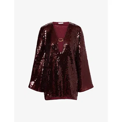 Oseree Womens Burgundy Marylin V-neck Sequin-embellished Kaftan