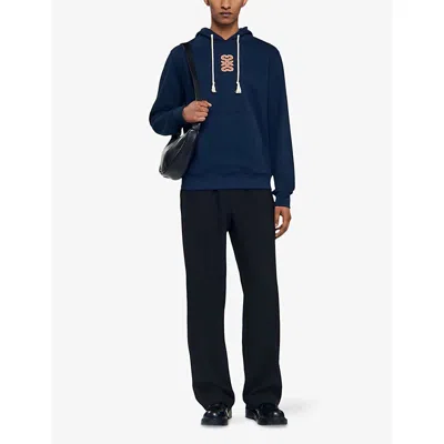 Sandro Mens Navy Blue Leather-patch Relaxed-fit Cotton-jersey Hoody Xl