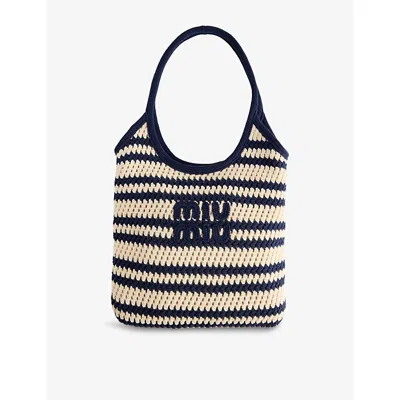 Miu Miu Womens Blu+bianco Ivy Raffia-effect Cotton Tote Bag