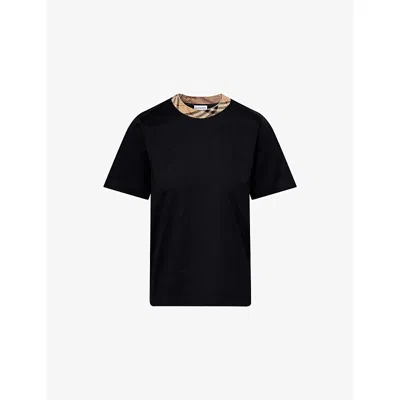 Burberry Womens Black Boxy-fit Check-collar Cotton-jersey T-shirt