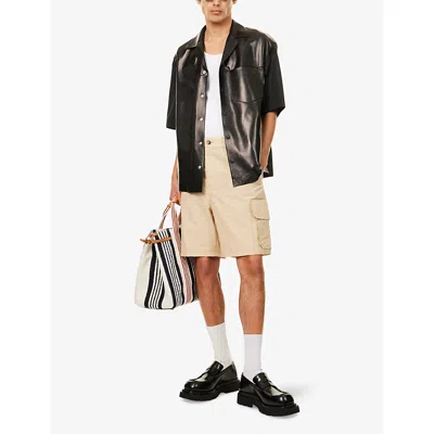 Gucci Mens Black Logo-embroidered Short-sleeve Leather And Woven Polo Shirt In Black