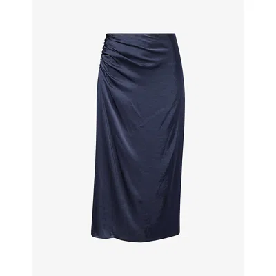 Theory Womens Nocturne Navy Ruched Regular-fit Woven Midi Skirt