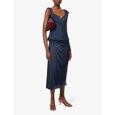 Theory Womens Nocturne Navy Ruched Regular-fit Woven Midi Skirt