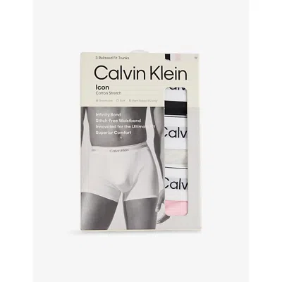 Calvin Klein Mens Blk Snow Heather Pink Icon Relaxed-fit Pack-of-three Stretch-cotton Trunks In White