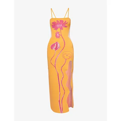 Ph5 Womens Orange Pink Iris Shoulder Straps Knitted Maxi Dress