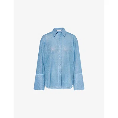 Oseree Womens Crystal Glazed Lumiere Long-sleeve Metallic Woven Shirt In Blue