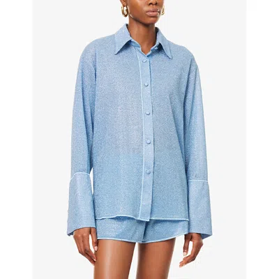 Oseree Womens Crystal Glazed Lumiere Long-sleeve Metallic Woven Shirt In Blue