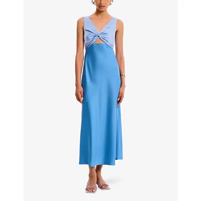 Omnes Womens Blue/light Blue Maggy V-neck Cut-out Sleeveless Satin Midi Dress