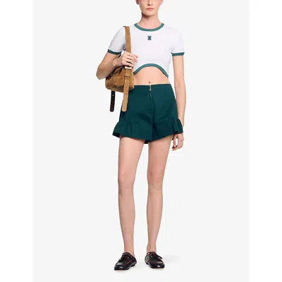 Sandro Womens White Logo-embroidered Two-tone Stretch-cotton Cropped Top