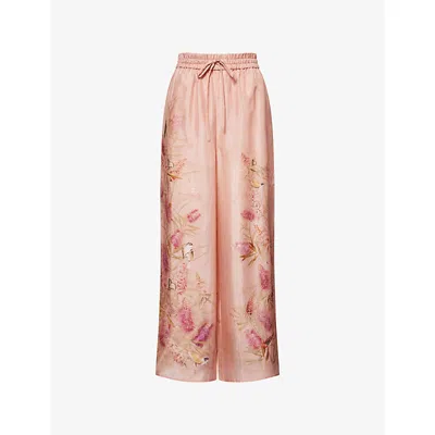 Zimmermann Womens Pink Botanical Floral Cascadian Wide-leg Silk Trousers In Multi
