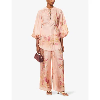 Zimmermann Womens Pink Botanical Floral Cascadian Wide-leg Silk Trousers In Multi