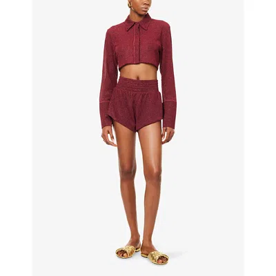 Oseree Womens Burgundy Lumiere Metallic Woven Shorts In Burgundy
