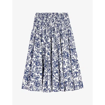 Maje Womens Blue Fruits Print Fruit-print Smocked-waist Cotton Maxi Skirt