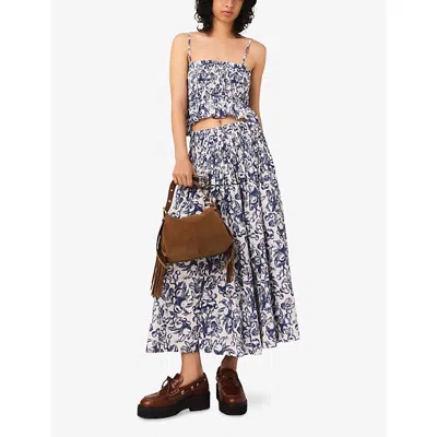 Maje Womens Blue Fruits Print Fruit-print Smocked-waist Cotton Maxi Skirt