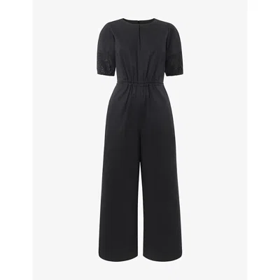 Whistles Womens Black Broderie-trim Square-neck Cotton-poplin Jumpsuit