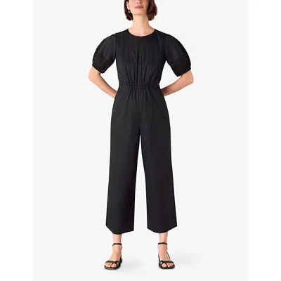 Whistles Womens Black Broderie-trim Square-neck Cotton-poplin Jumpsuit