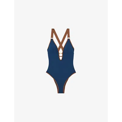 Reiss Womens Blue/tan Frankie Plunge-neck Contrast-trim Stretch-woven Swimsuit