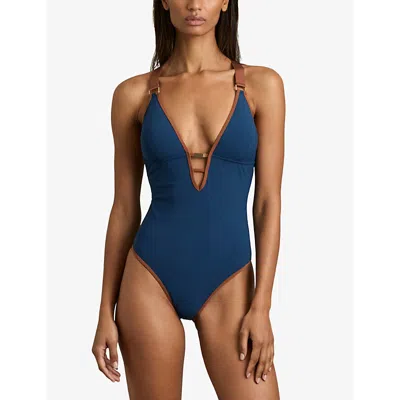Reiss Womens Blue/tan Frankie Plunge-neck Contrast-trim Stretch-woven Swimsuit