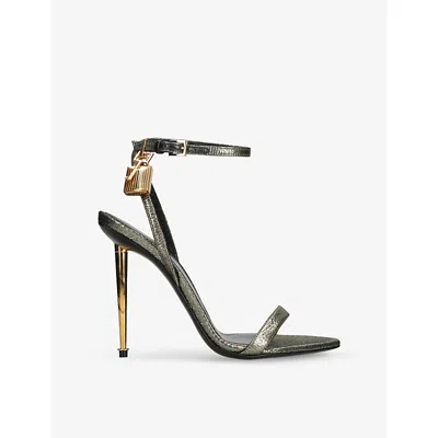 Tom Ford Womens Gold Padlock 105 Metallic-leather Heeled Sandals Eur 39 / 6 Uk In Black