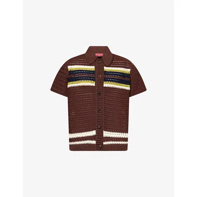 Gucci Mens Brown/multicolor Stripe-pattern Short-sleeve Knitted Cotton Polo Shirt In Burgundy