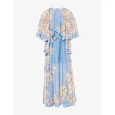 Zimmermann Womens Teal Blue Botanical Cascadian Flared-panels Cotton And Silk Maxi Dress Xl
