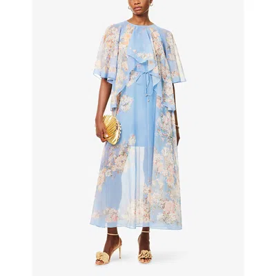 Zimmermann Womens Teal Blue Botanical Cascadian Flared-panels Cotton And Silk Maxi Dress Xl