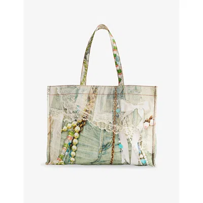 Acne Studios Womens White/green Logo-embroidered Denim Tote Bag