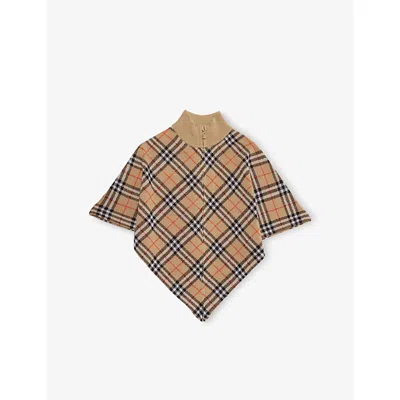 Burberry Sand Ip Check Funnel-neck Check Wool Cape One Size In Brown