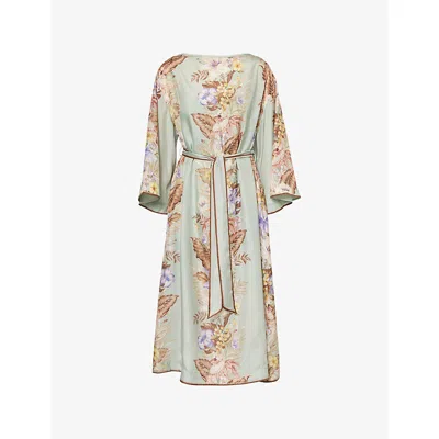 Zimmermann Womens Sage Multi Floral Coco Belted Silk Midi Dress In Green