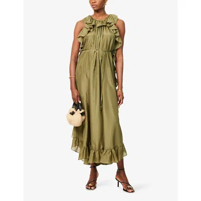 Zimmermann Womens Olive Cascadian Ruffled Silk Midi Dress Xs In Green