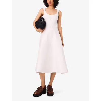 Maje Womens White Square-neck Flared-skirt Knitted Midi Dress