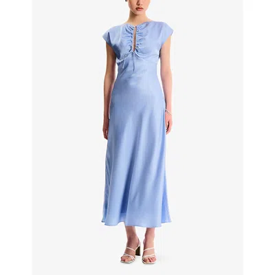 Omnes Womens Blue Lovette Key-hole Cap-sleeve Satin Maxi Dress