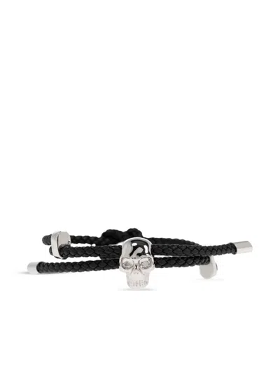 Alexander Mcqueen Skull Braided Leather Cord Bracelet Accessories In Black