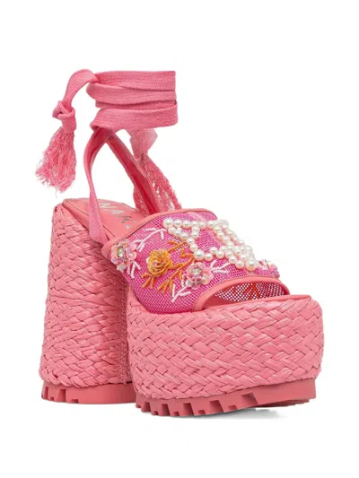 Naked Wolfe Raffia Platform Embellished Pumps In Pink