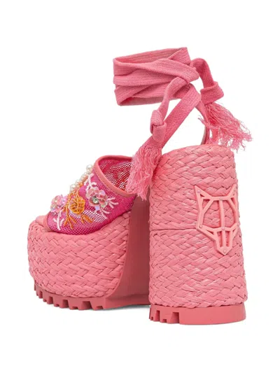 Naked Wolfe Raffia Platform Embellished Pumps In Pink