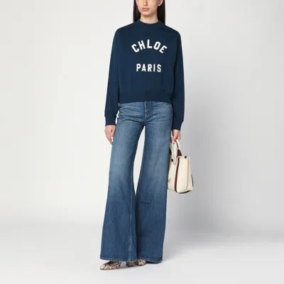 Chloé Blue Crewneck Sweatshirt With Logo Lettering Print In Cotton Woman
