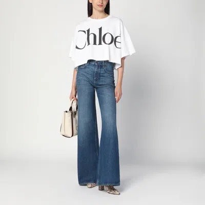 Chloé White Cropped T-shirt With Logo Lettering Print In Cotton Woman In White