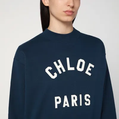 Chloé Blue Crewneck Sweatshirt With Logo Lettering Print In Cotton Woman