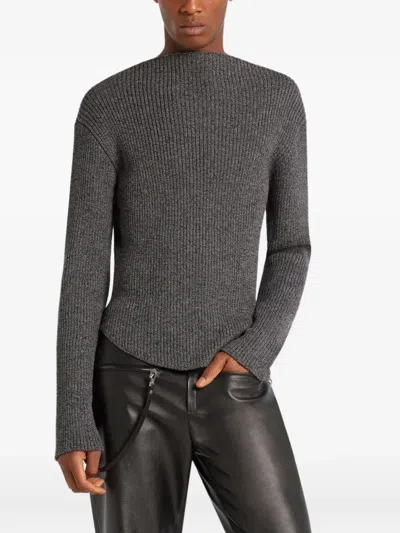 Courrèges Gray Boatneck Ribbed Wool Sweater In Gray